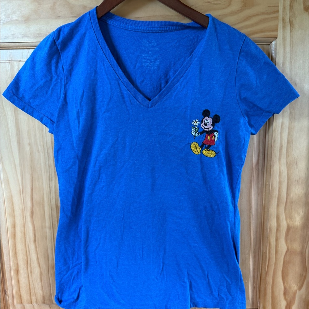 Blue V-Neck T-Shirt with Mickey Mouse Embroidery
